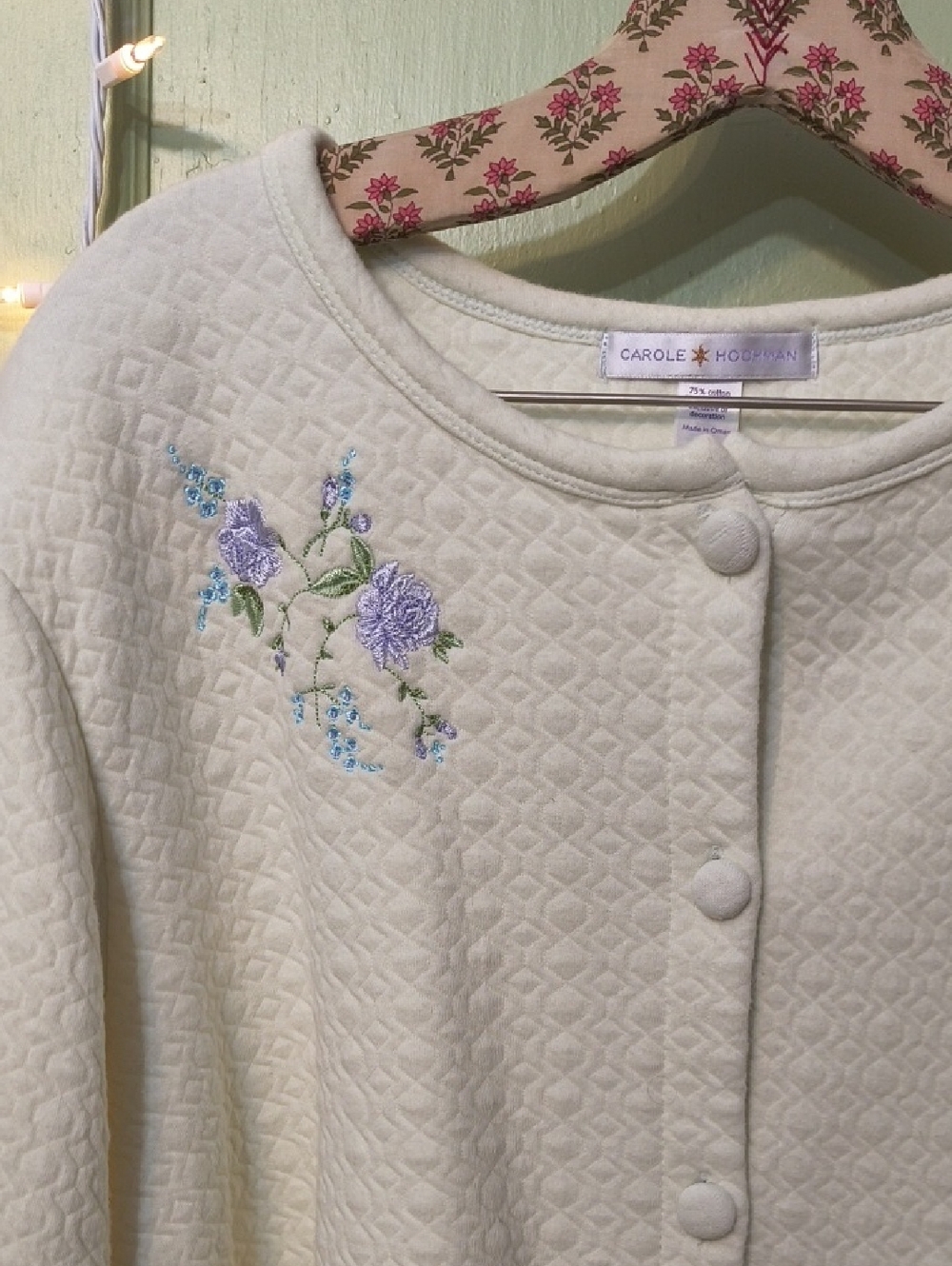Women's Carole Hochman Purple Flower Cream Ivory Button Up Cardigan Jacket 1X - Picture 3 of 12